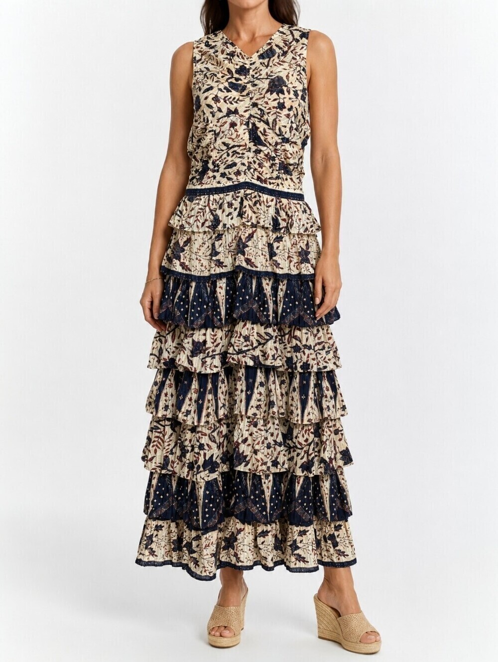 Ulla Johnson Ariah Tiered Ruffle Midi Dress Floral Cream Navy US 8